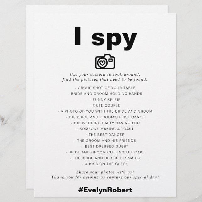 Minimalist Elegant Formal I Spy Wedding Game (Front/Back)