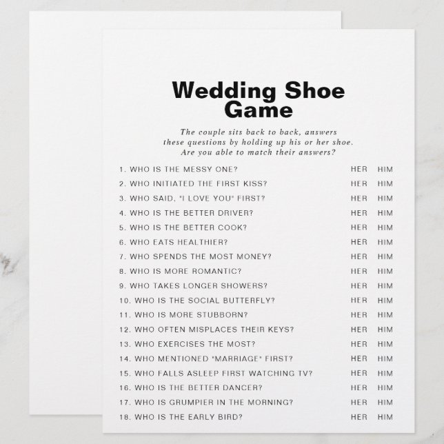 Minimalist Elegant Formal Wedding Shoe Game (Front/Back)