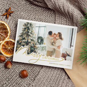 Minimalist Elegant Gold Merry Christmas Photo Holiday Card