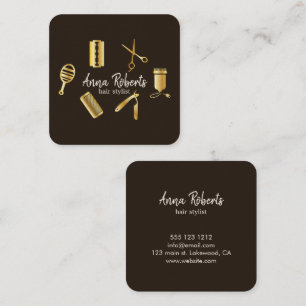 Minimalist Elegant Golden Hairstyling Tools Square Business Card