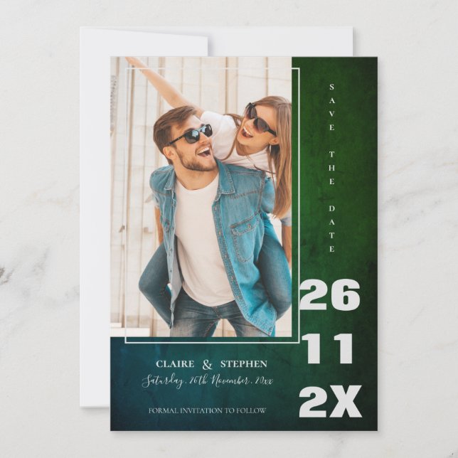 Minimalist Elegant Green Bold Font Photo Wedding Save The Date (Front)
