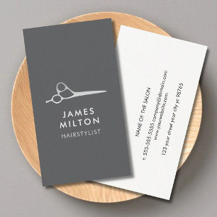 Minimalist Elegant Grey White Scissor Hair Stylist Business Card