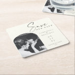 Minimalist Elegant Ivory Black Photo Save the Date Square Paper Coaster<br><div class="desc">Personalised Minimalist Modern Black and White Wedding Save The Date Paper Coaster with Custom Photo</div>