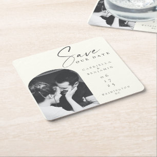 Minimalist Elegant Ivory Black Photo Save the Date Square Paper Coaster
