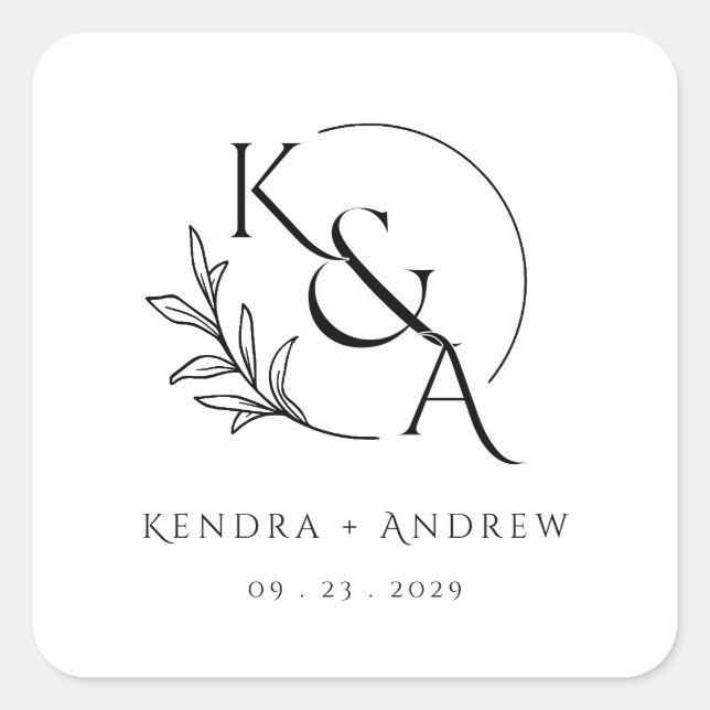 Minimalist Elegant Laurel Wreath Wedding Monogram  Square Sticker (Front)