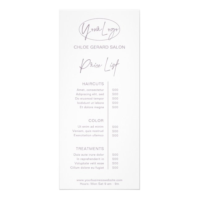 Minimalist Elegant Lavender Fog Modern Price List Rack Card (Front)