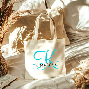 Minimalist Elegant Light Blue Monogram Bridesmaid Tote Bag