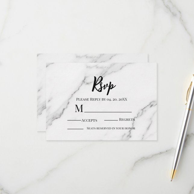 Minimalist Elegant Marble Black and White Script  RSVP Card (Front/Back In Situ)