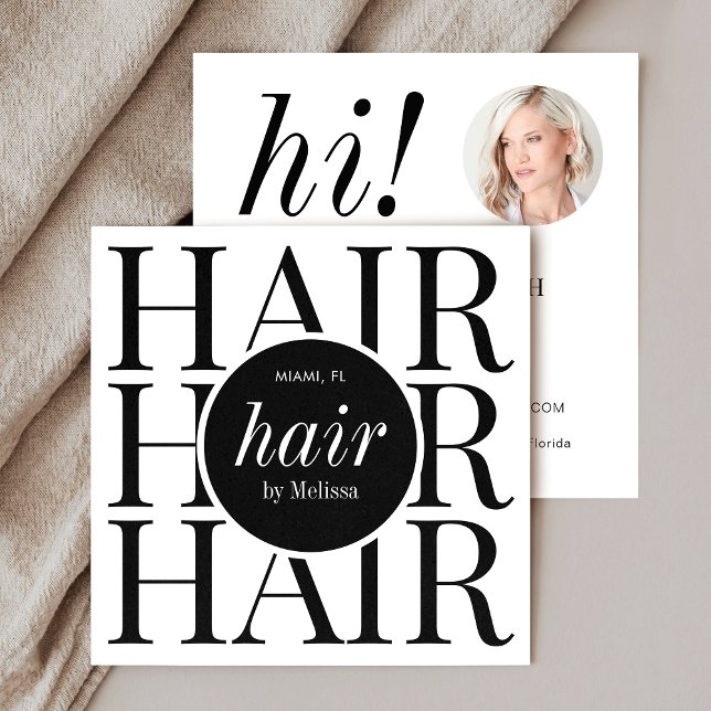 Minimalist Elegant Modern Black Hair Stylist Photo Square Business Card (Minimalist modern hair stylist business cards with photo)