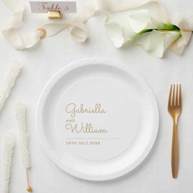 Minimalist Elegant Modern Gold Script Paper Plate (Wedding)