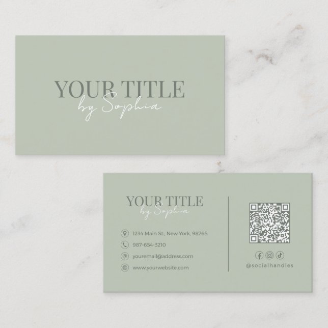 Minimalist Elegant Modern Sage Green QR Code Business Card (Front/Back)