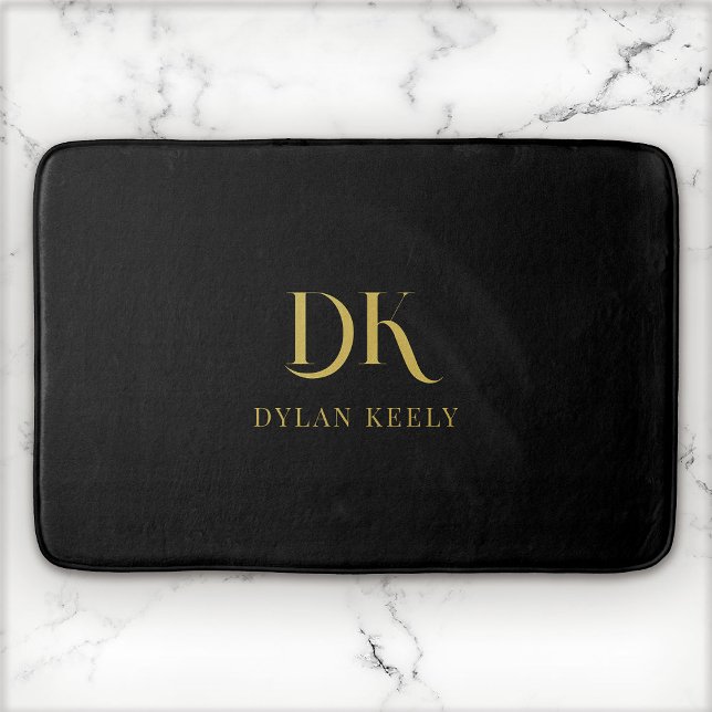 Minimalist Elegant Monogram Black Gold Stylish Bath Mat (Creator Uploaded)