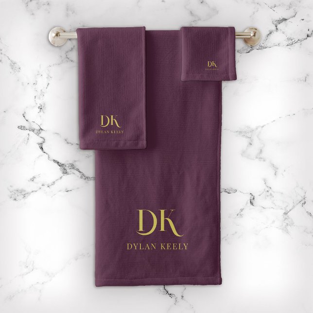 Minimalist Elegant Monogram Dark Red Gold Stylish Bath Towel Set (Creator Uploaded)