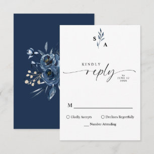 Minimalist Elegant Monogram Navy Blue Calligraphy RSVP Card