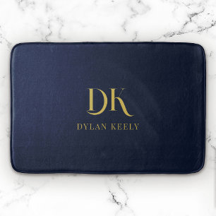 Minimalist Elegant Monogram Navy Blue Gold Stylish Bath Mat