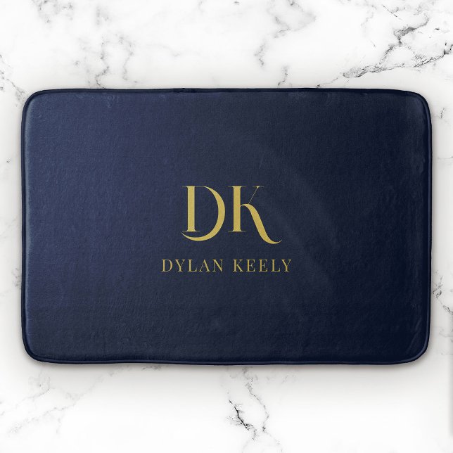 Minimalist Elegant Monogram Navy Blue Gold Stylish Bath Mat (Creator Uploaded)