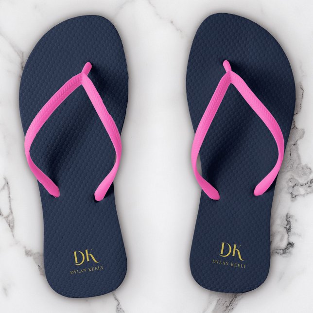 Minimalist Elegant Monogram Navy Blue Gold Stylish Jandals (Creator Uploaded)