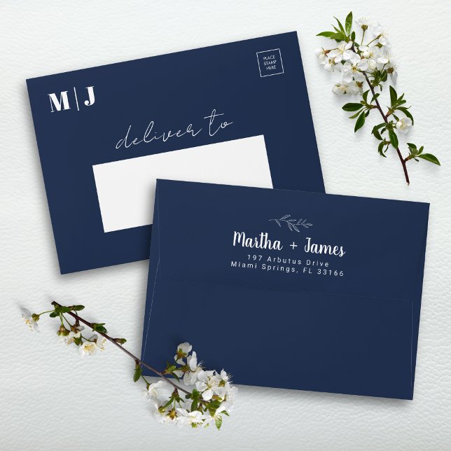 Minimalist Elegant Navy Blue Floral Wedding  Envelope (Creator Uploaded)