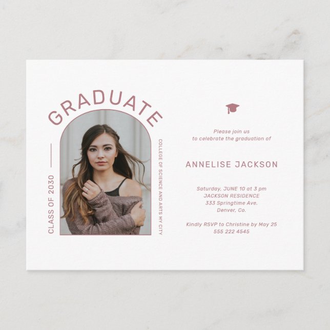 Minimalist elegant photo graduation party invite postcard (Front)