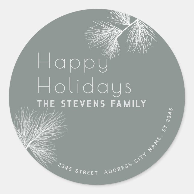 Minimalist elegant pine branch  Happy Holidays Classic Round Sticker (Front)