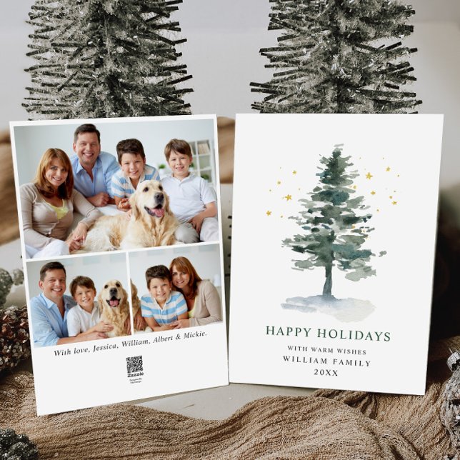 Minimalist Elegant Pine Tree Christmas 3 Photo Holiday Card (Creator Uploaded)
