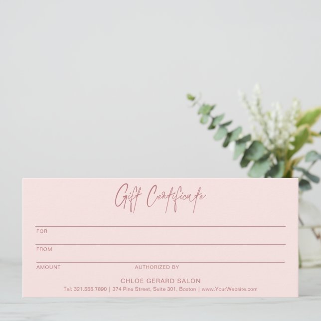 Minimalist Elegant Pink Modern Gift Certficate (Standing Front)