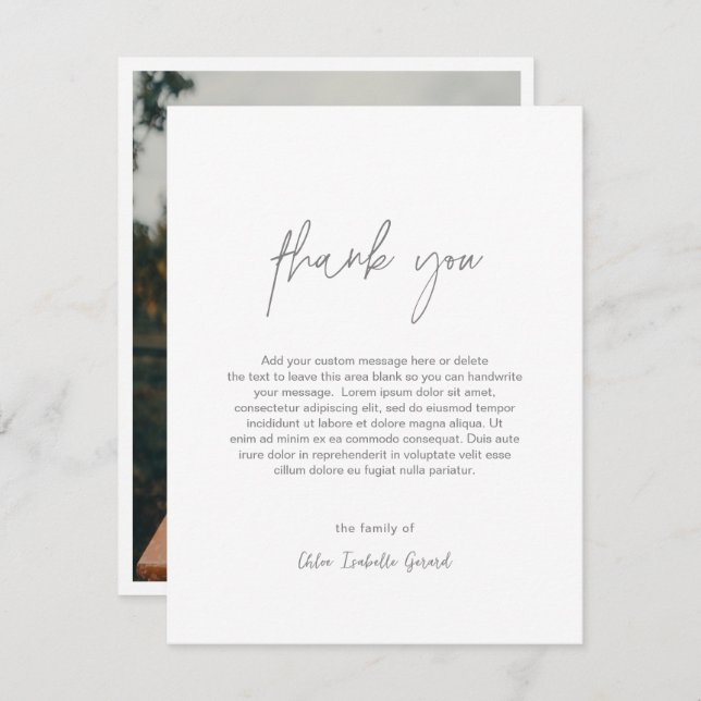 Minimalist Elegant Platinum Photo Modern Funeral Thank You Card (Front/Back)
