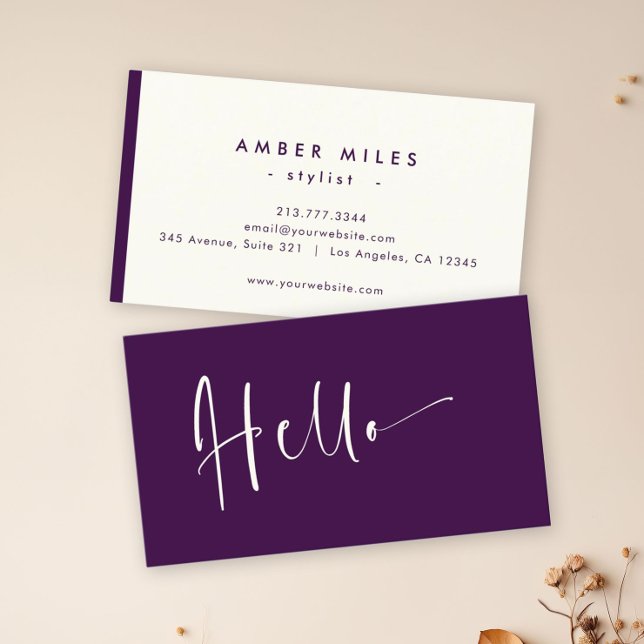 Minimalist Elegant Purple Ivory Chic Stylish Hello Business Card (Less is more with this sleek and stylish business card! ✨ )