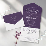 Minimalist Elegant Purple Script Wedding All In One Invitation<br><div class="desc">All in one purple wedding invitation featuring elegant signature script name and monogram initials. The invitation includes a perforated RSVP card that’s can be individually addressed or left blank for you to handwrite your guest's address details. Designed by Thisisnotme©</div>