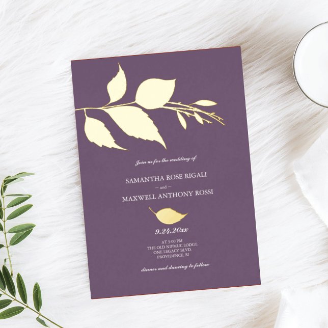 Minimalist Elegant Purple Wedding Foil Invitation (wedding invitation gold foil minimalistic leaves dusty plum purple )