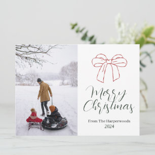 Minimalist Elegant Red Bow Family Photo Christmas Holiday Card
