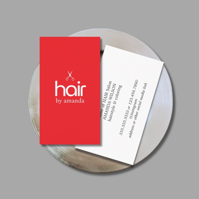 Minimalist Elegant Red White Bold Scissors Hair Business Card (Creator Uploaded)