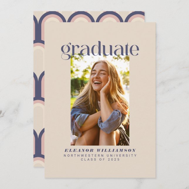 Minimalist Elegant Retro Blush Photo Graduation Announcement (Front/Back)