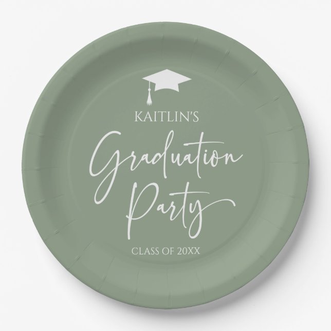 Minimalist Elegant Sage Green Graduation Party Paper Plate (Front)