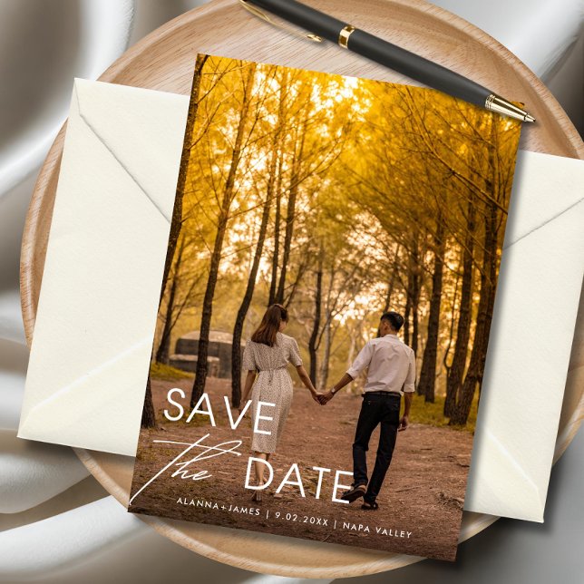 Minimalist Elegant Save the Date Invitation (Rustic fall save the date card with couple holding hands in golden forest.)