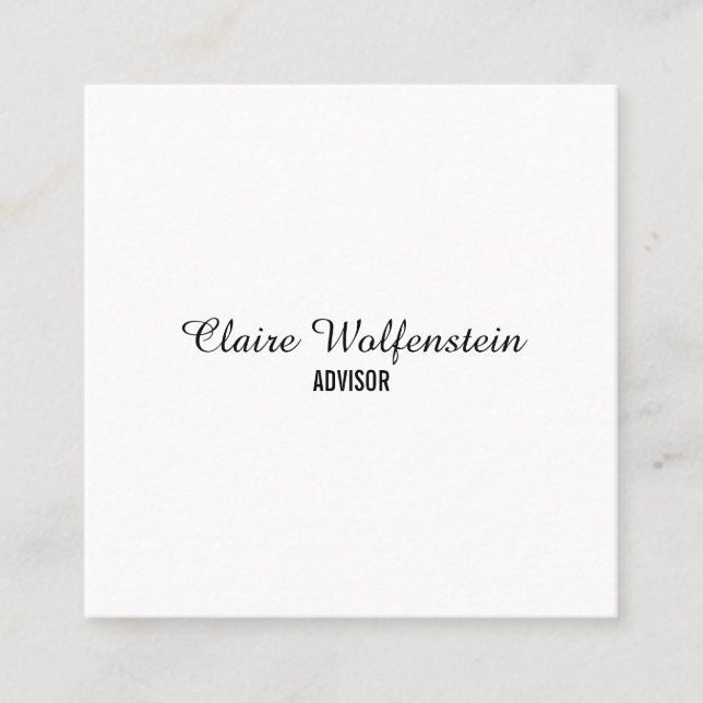 Minimalist Elegant Script Black and White Square Business Card (Front)