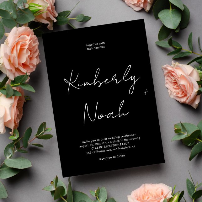 Minimalist elegant script black and white wedding invitation (Creator Uploaded)