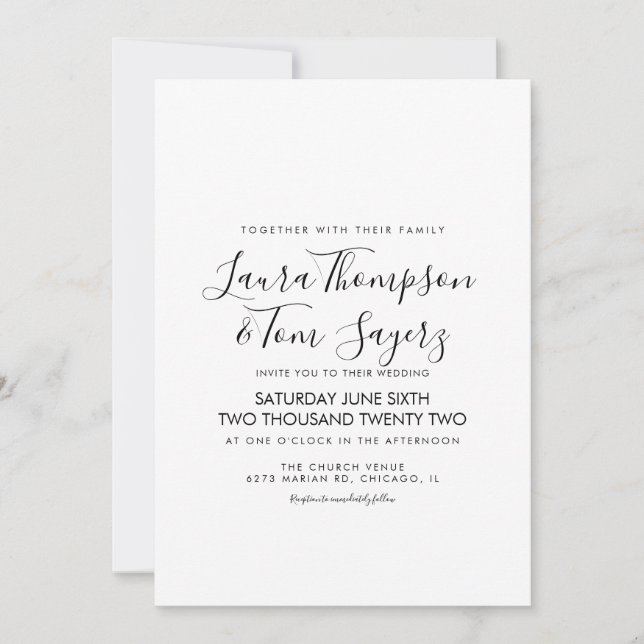 Minimalist Elegant Script Black White Wedding Invitation (Front)