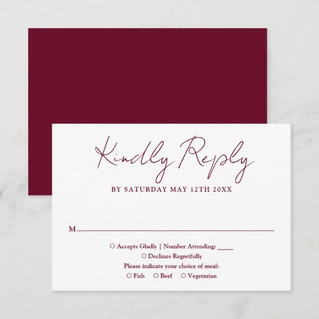 Minimalist Elegant Script Burgundy Red Wedding RSVP Card (Front/Back)