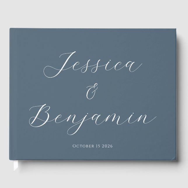 Minimalist Elegant Script Customisable Dark Blue Guest Book (Front)