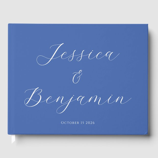 Minimalist Elegant Script Customisable French Blue Guest Book (Front)