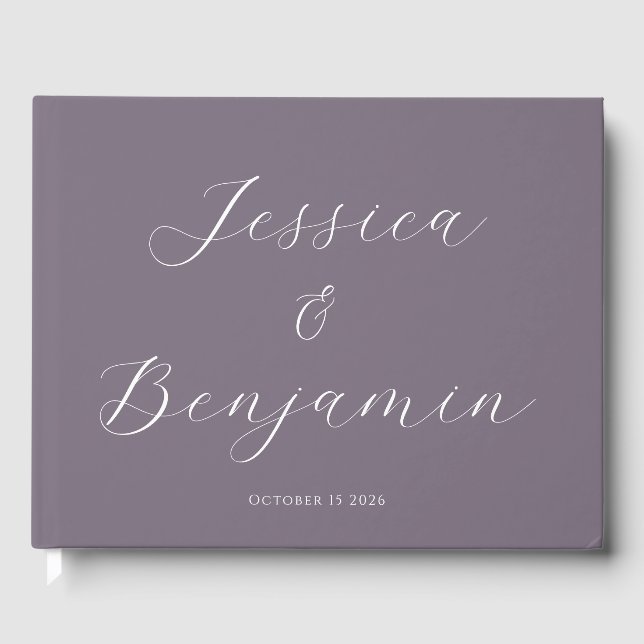 Minimalist Elegant Script Customisable Plum Purple Guest Book (Front)