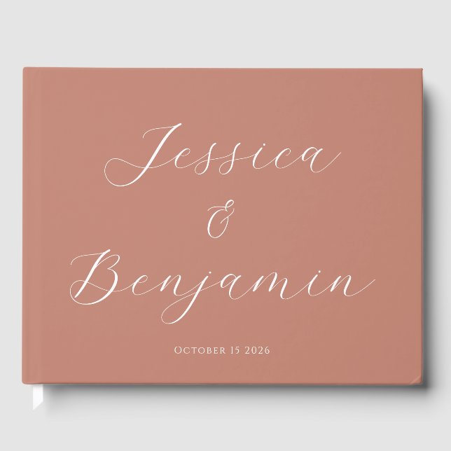 Minimalist Elegant Script Customisable Terracotta  Guest Book (Front)