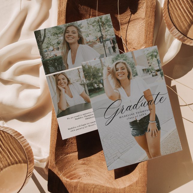 Minimalist Elegant Script Photo Collage Graduation Announcement (Creator Uploaded)