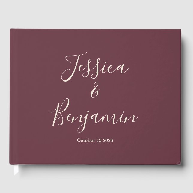 Minimalist Elegant Script Typography in Burgundy Guest Book (Front)