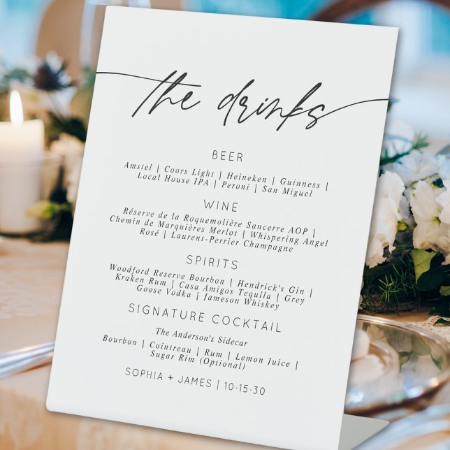 Minimalist Elegant Script Wedding Bar Menu Pedestal Sign (Creator Uploaded)