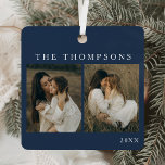 Minimalist Elegant Simple 4 Photo Blue Christmas Metal Tree Decoration<br><div class="desc">Celebrate this holiday season with the Minimalist Elegant Simple 4 Photo Blue Christmas Metal Ornament, a personalised, shatterproof keepsake perfect for sharing your favourite memories. Featuring space for four photos on a double-sided design, this modern ornament combines elegance with practicality. Its deep blue backdrop and minimalist layout allow your photos...</div>