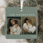 Minimalist Elegant Simple 4 Photo Sage Christmas Metal Tree Decoration<br><div class="desc">Celebrate cherished memories in style with the Minimalist Elegant Simple 4 Photo Sage Christmas Metal Ornament. This beautifully crafted ornament allows you to showcase four special photos, elegantly arranged in a photo collage design that’s perfect for family moments, couple portraits, or festive snapshots. With its sleek, sage-green backdrop, this ornament...</div>