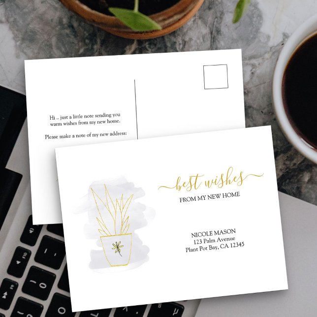 Minimalist Elegant Snake Plant Moving Announcement Postcard (New Address postcard with elegant minimalist potted plant design)