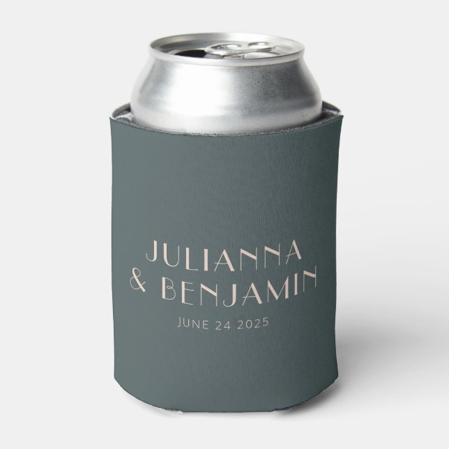Minimalist Elegant Teal and Blush Custom Wedding Can Cooler (Can Front)
